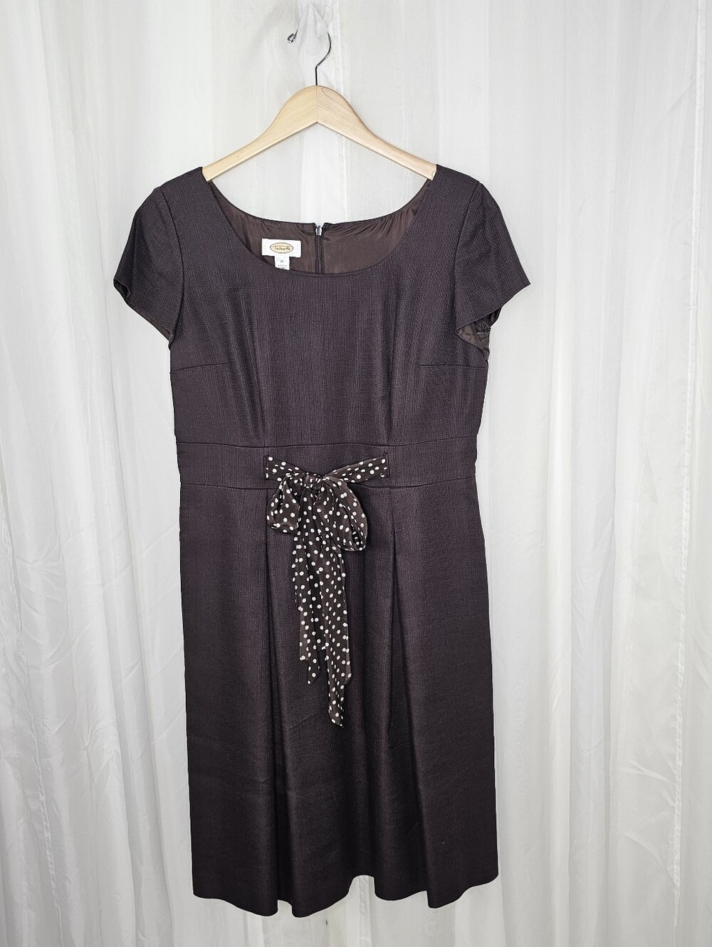 Talbots Chocolate Brown Silk Blend Sheath Midi Dress with Polka Dot Bow Sash 12 - Picture 8 of 11